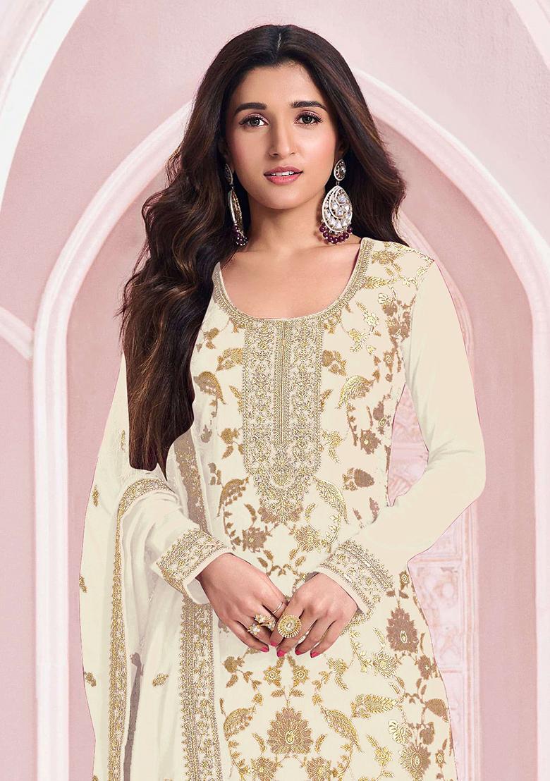 White Embroidered Jacquard Salwar Kameez