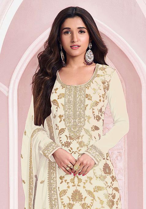 White Embroidered Jacquard Salwar Kameez