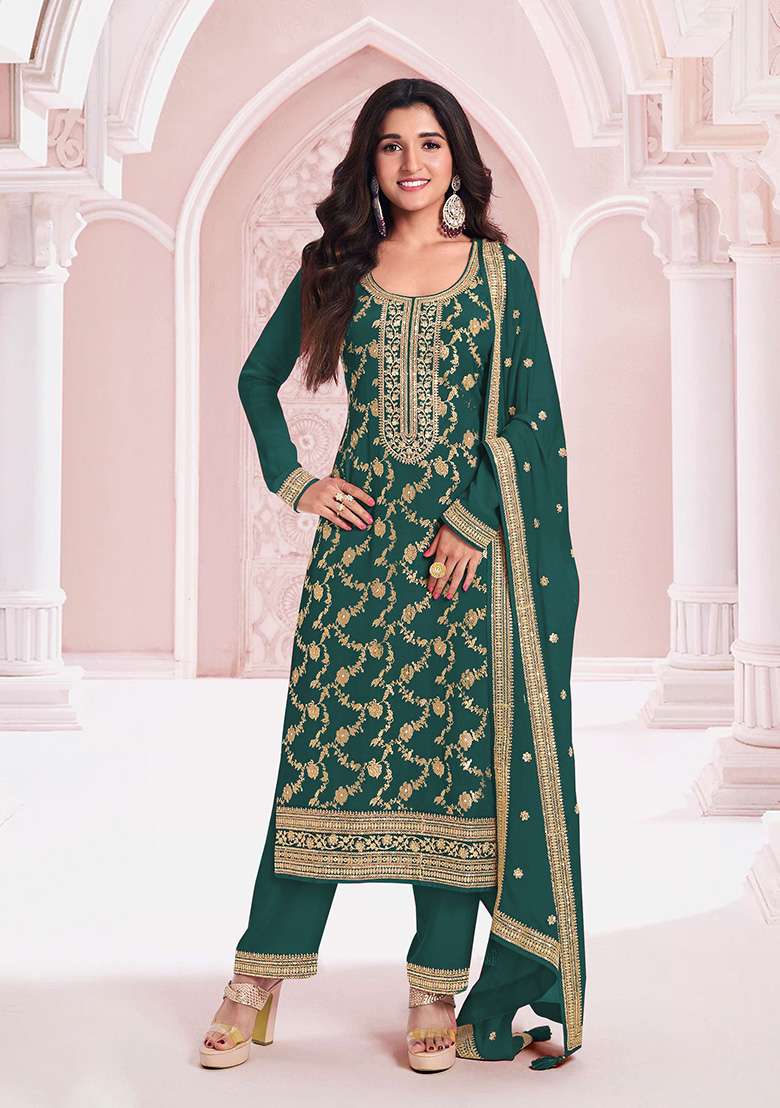 Rama Green Embroidered Jacquard Salwar Kameez - Indya