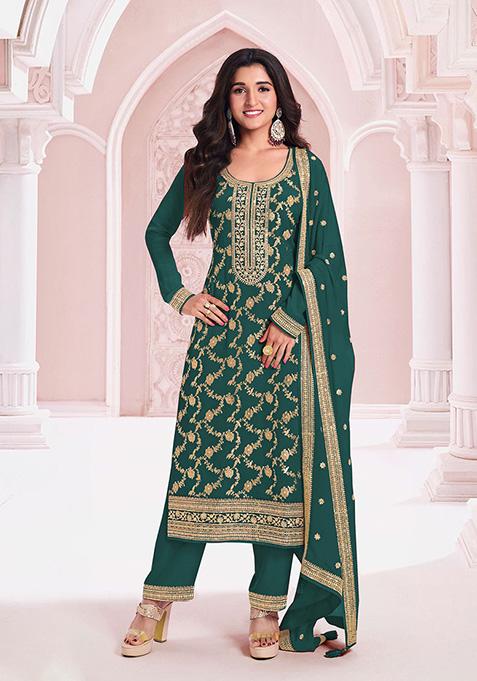 Rama Green Embroidered Jacquard Salwar Kameez