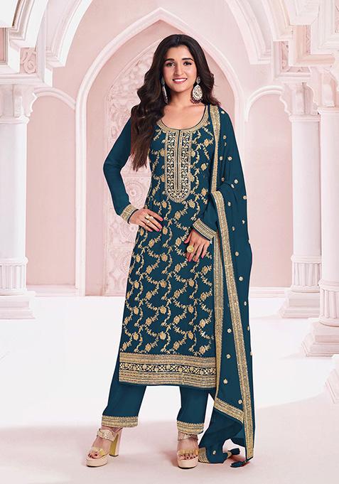 Blue Embroidered Jacquard Salwar Kameez