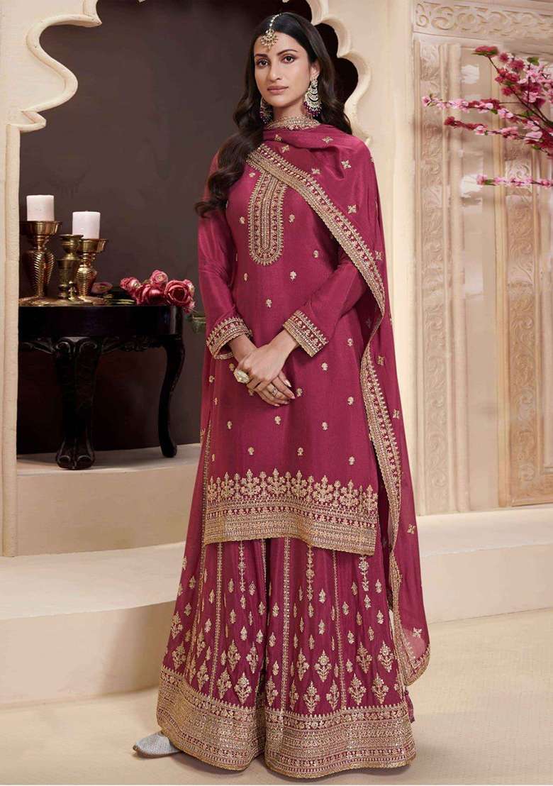 Pink Embroidered Silk Palazzo Set - Indya