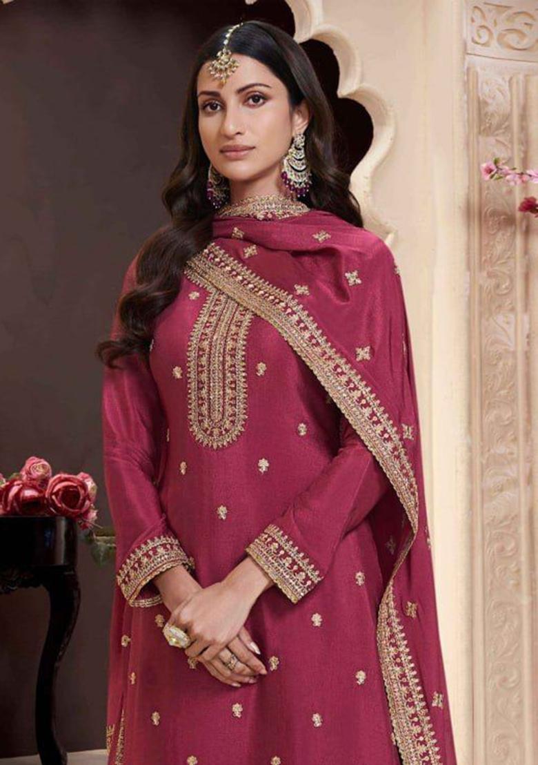 Pink Embroidered Silk Palazzo Set