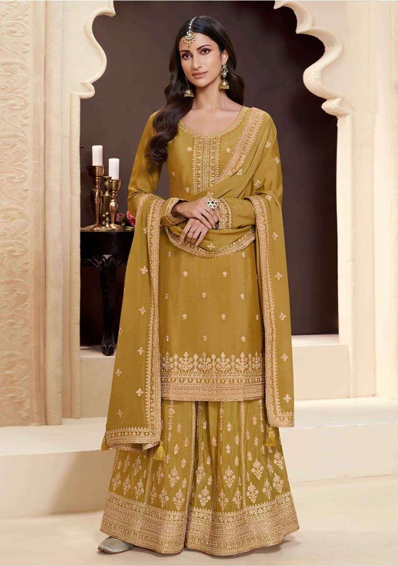 Yellow Embroidered Silk Palazzo Set - Indya