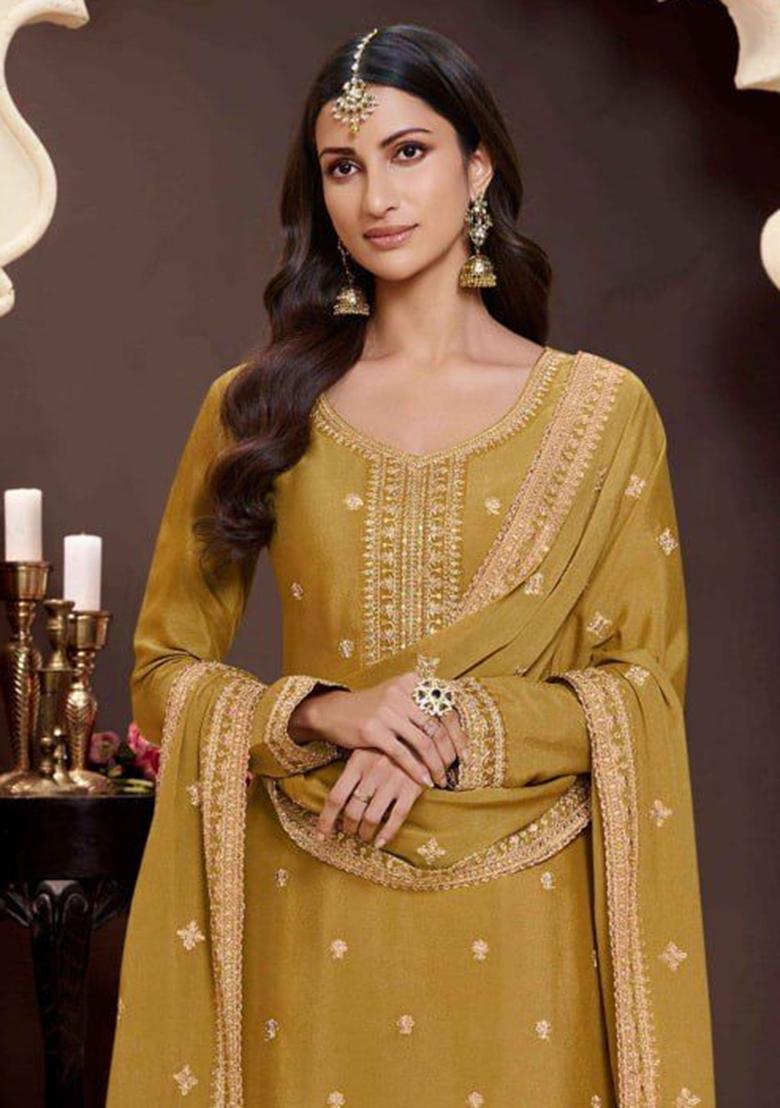Yellow Embroidered Silk Palazzo Set