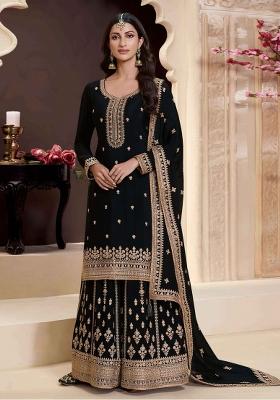 Black Embroidered Silk Palazzo Set