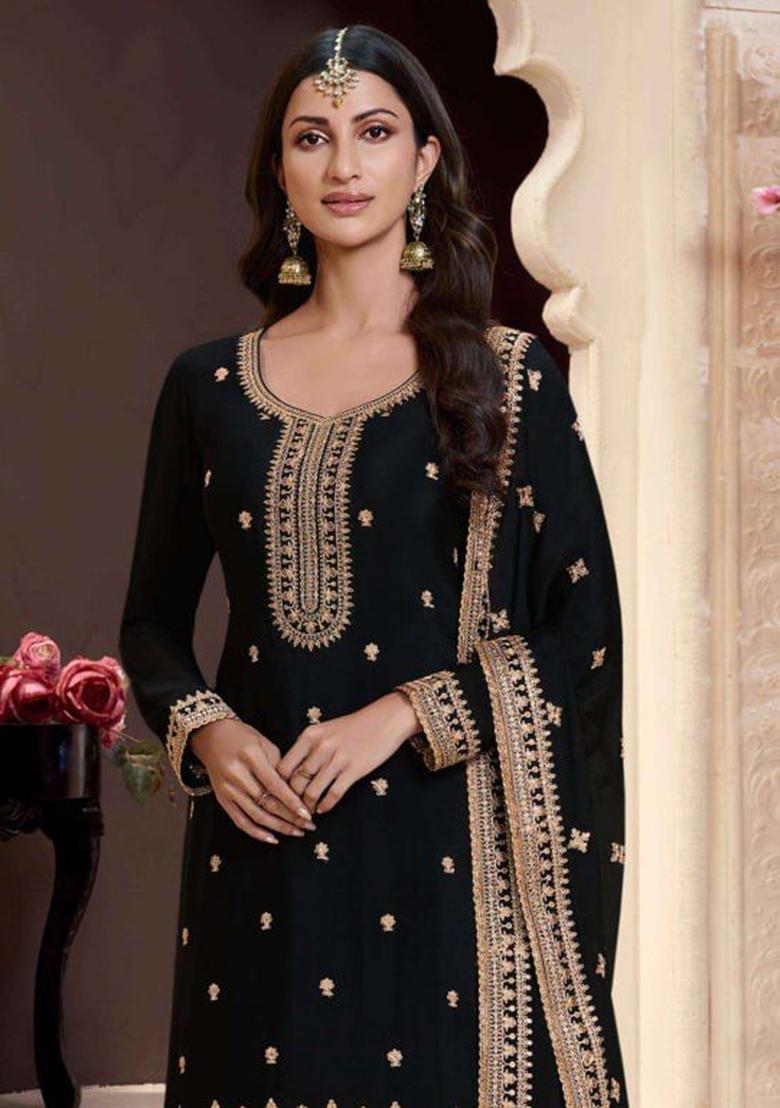 Black Embroidered Silk Palazzo Set