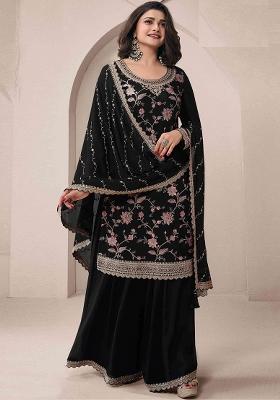 Black Embroidered Silk Palazzo Set