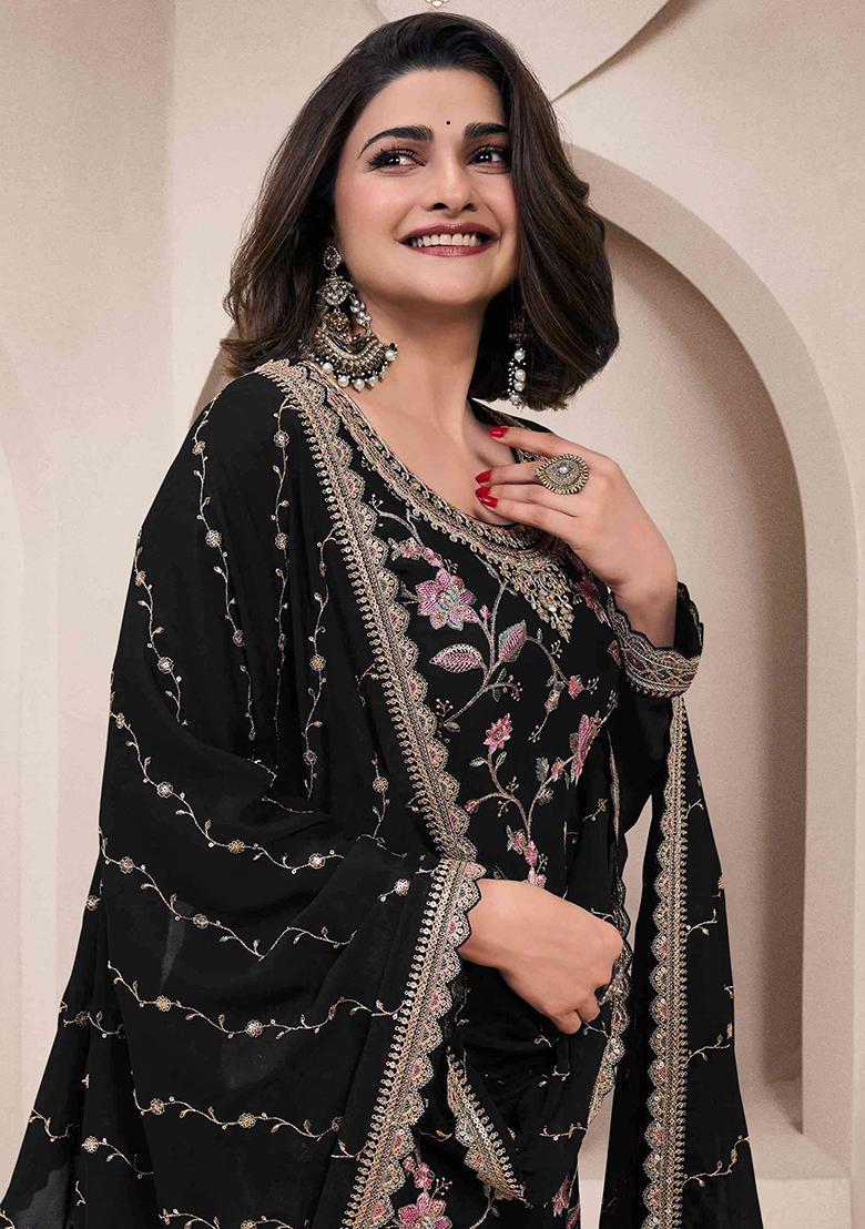 Black Embroidered Silk Palazzo Set