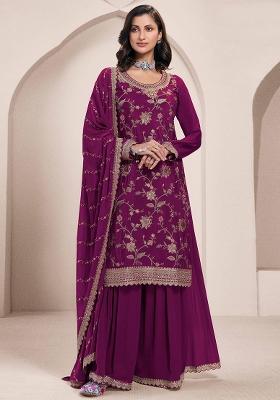 Magenta Embroidered Silk Palazzo Set