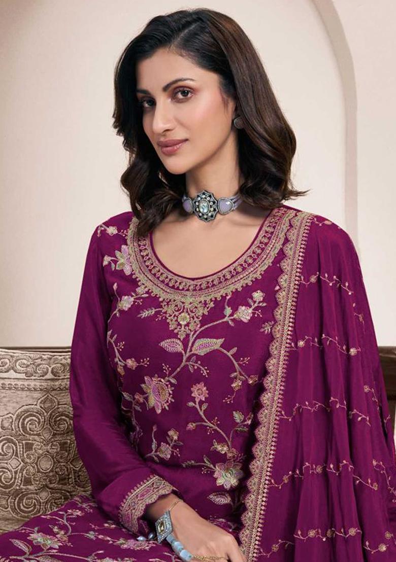 Magenta Embroidered Silk Palazzo Set