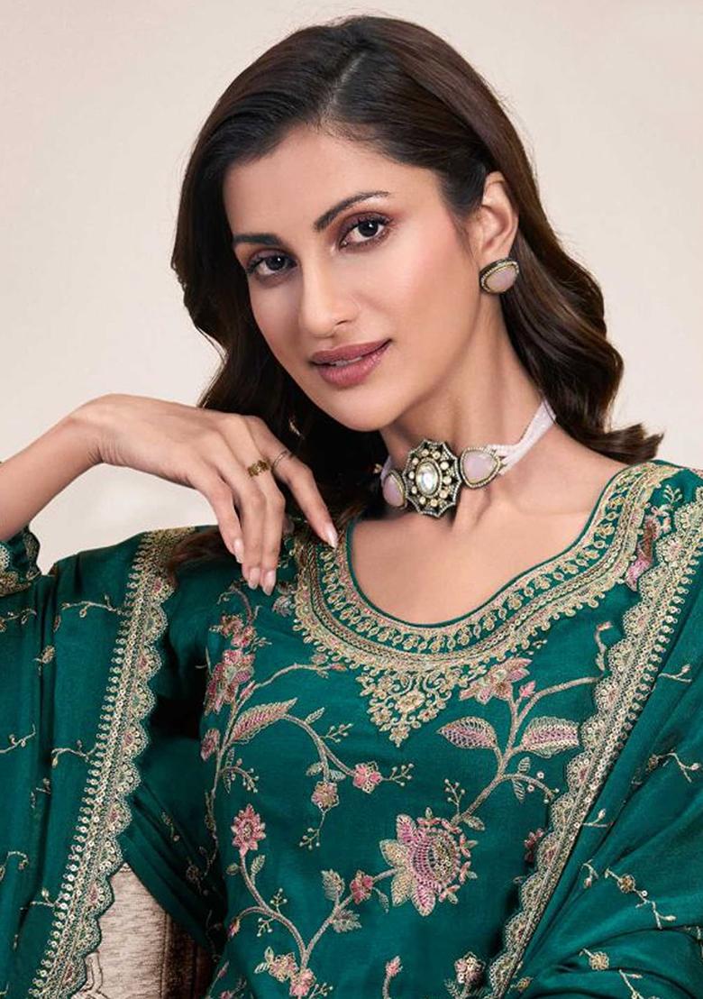 Green Embroidered Silk Palazzo Set