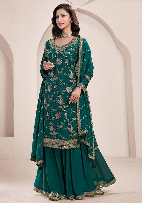 Green Embroidered Silk Palazzo Set