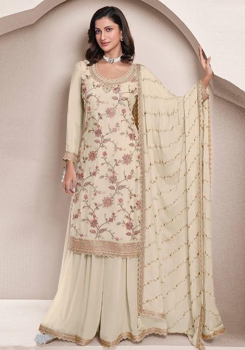 Ivory Embroidered Silk Palazzo Set