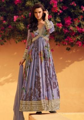 Blue Embroidered Silk Anarkali Set