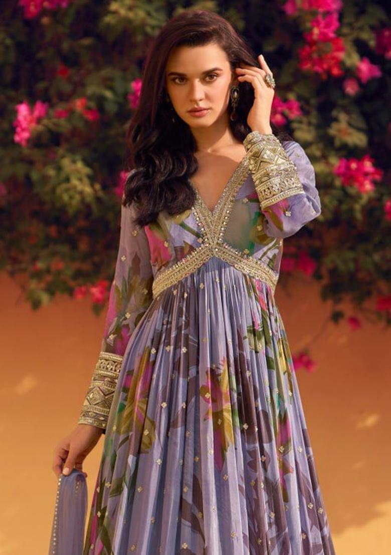 Blue Embroidered Silk Anarkali Set