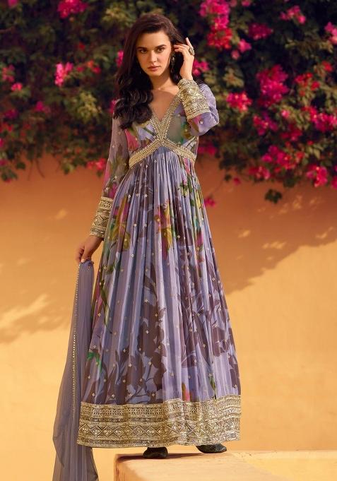 Blue Embroidered Silk Anarkali Set