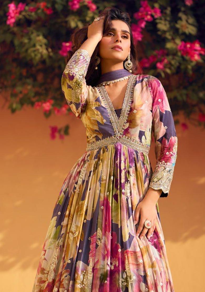 Multicolor Embroidered Silk Anarkali Set