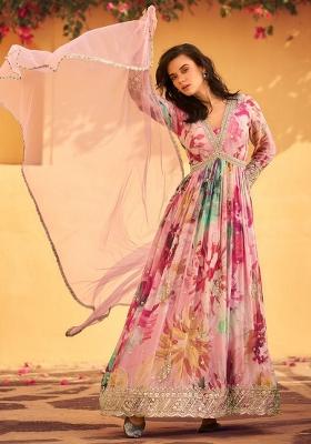 Pink Embroidered Silk Anarkali Set