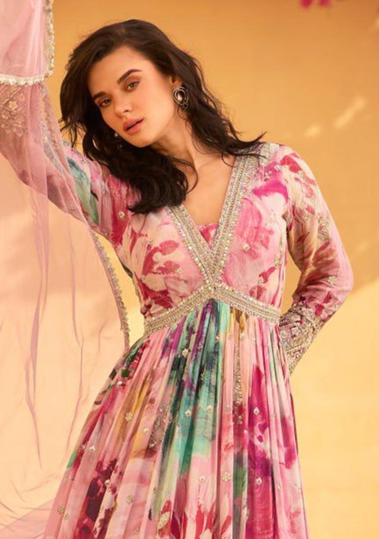 Pink Embroidered Silk Anarkali Set