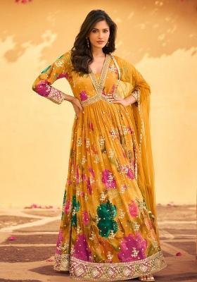 Yellow Embroidered Silk Anarkali Set