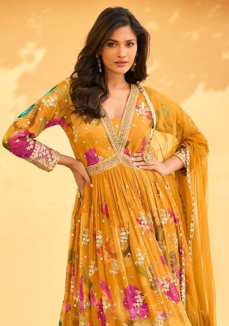 Yellow Embroidered Silk Anarkali Set