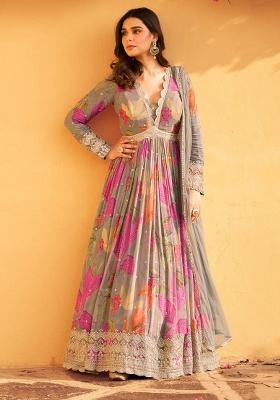 Grey Embroidered Silk Anarkali Set