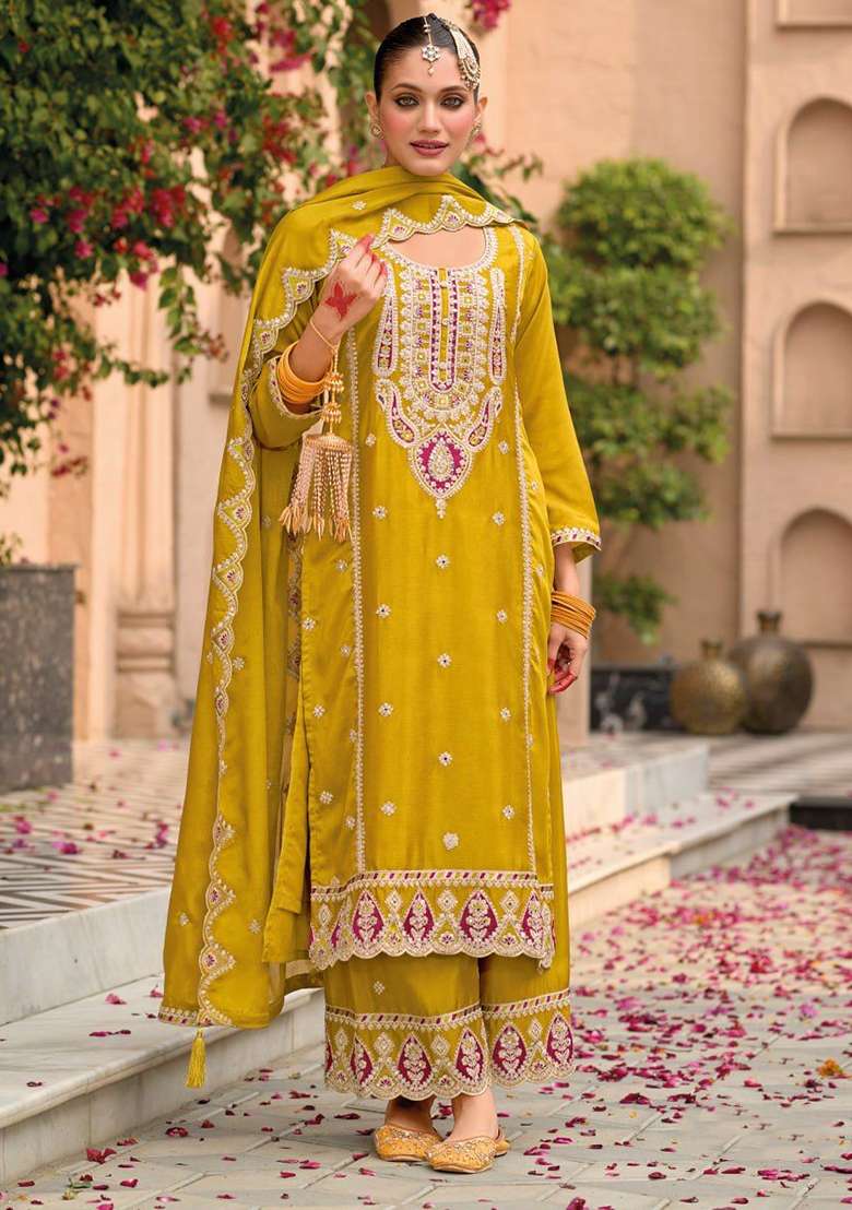Yellow Embroidered Silk Blend Palazzo Set - Indya