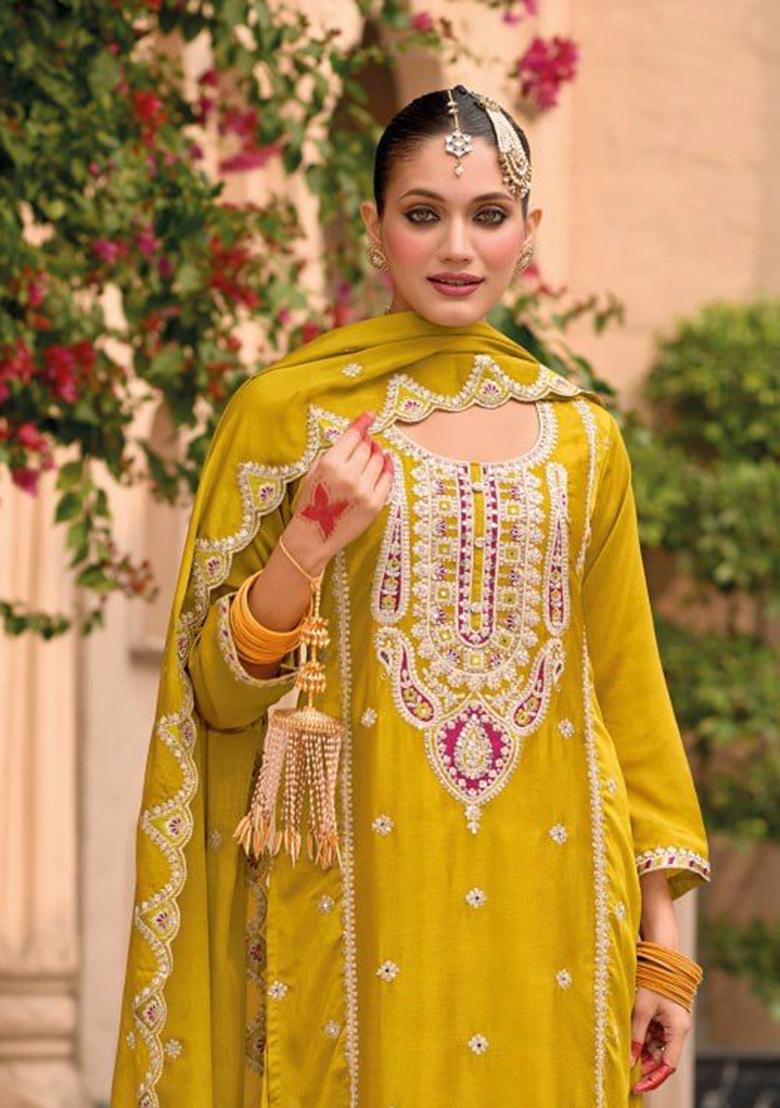 Yellow Embroidered Silk Palazzo Set