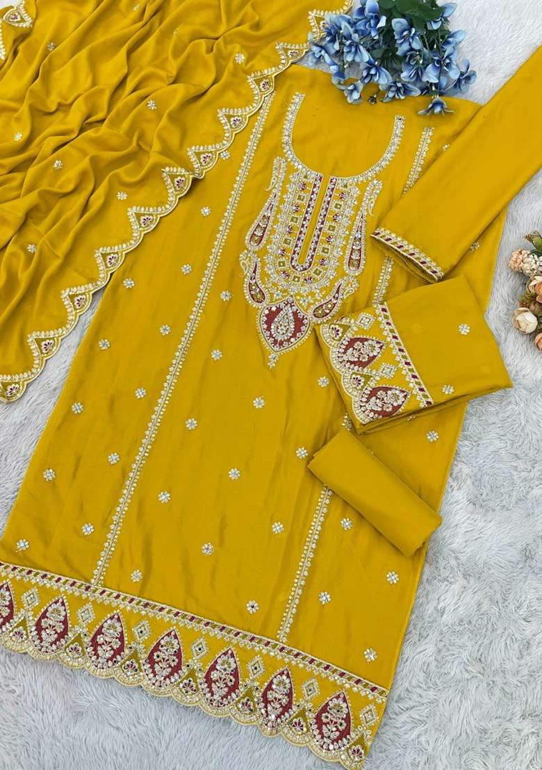 Yellow Embroidered Silk Blend Palazzo Set - Indya