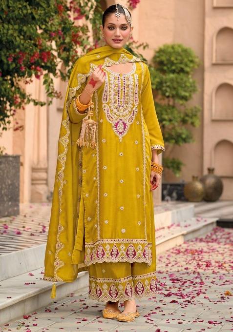 Yellow Embroidered Silk Palazzo Set
