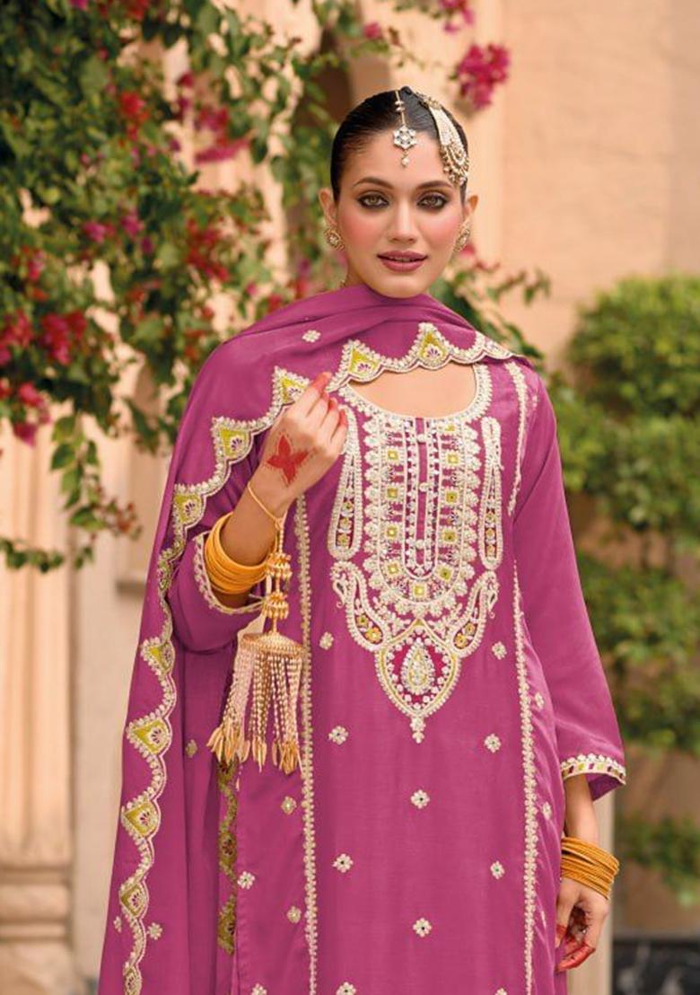 Lavender Embroidered Silk Palazzo Set