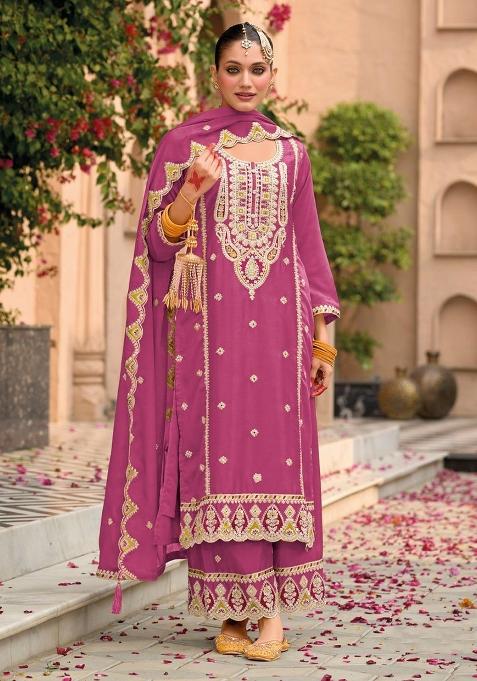 Lavender Embroidered Silk Palazzo Set