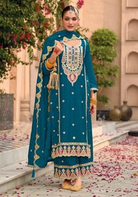 Teal Blue Embroidered Silk Palazzo Set