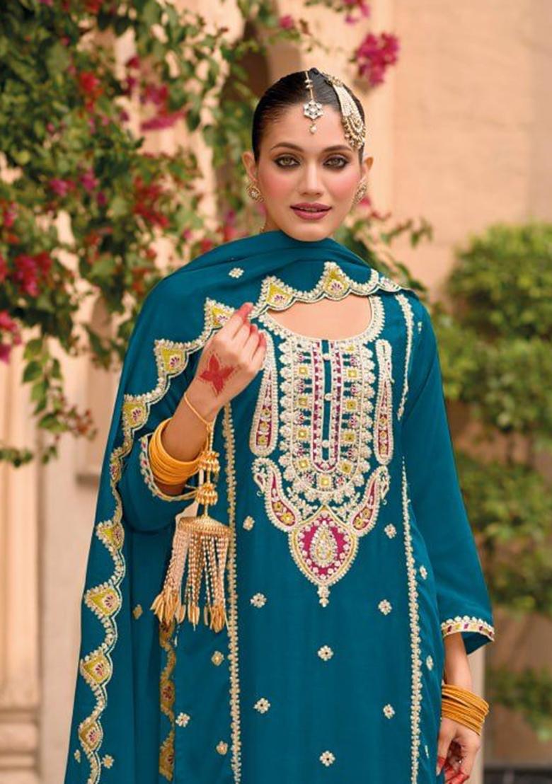 Teal Blue Embroidered Silk Palazzo Set