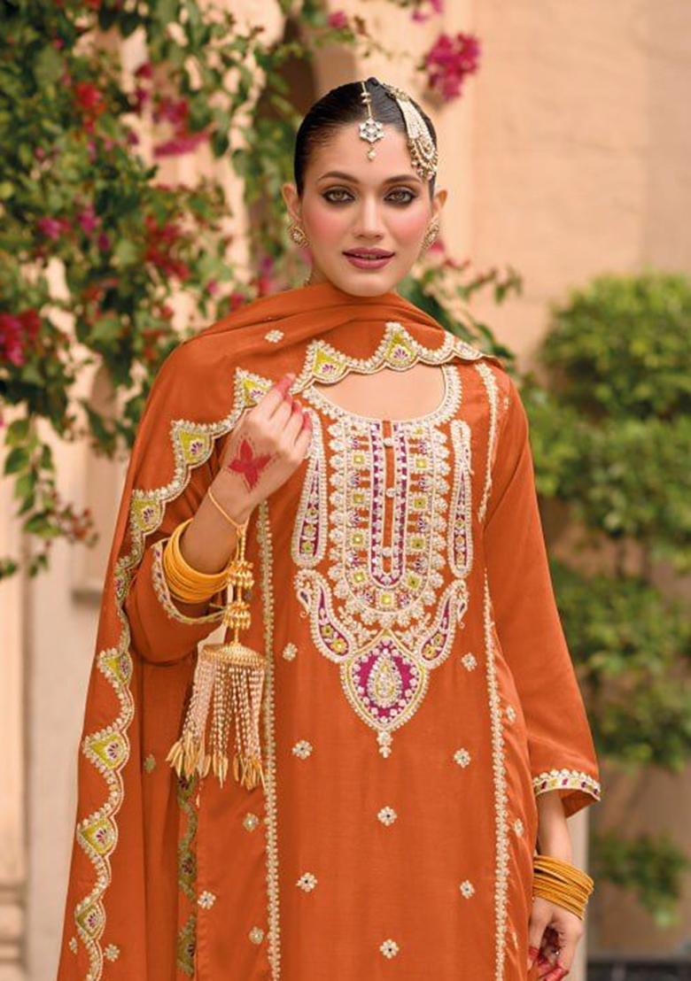 Orange Embroidered Silk Palazzo Set