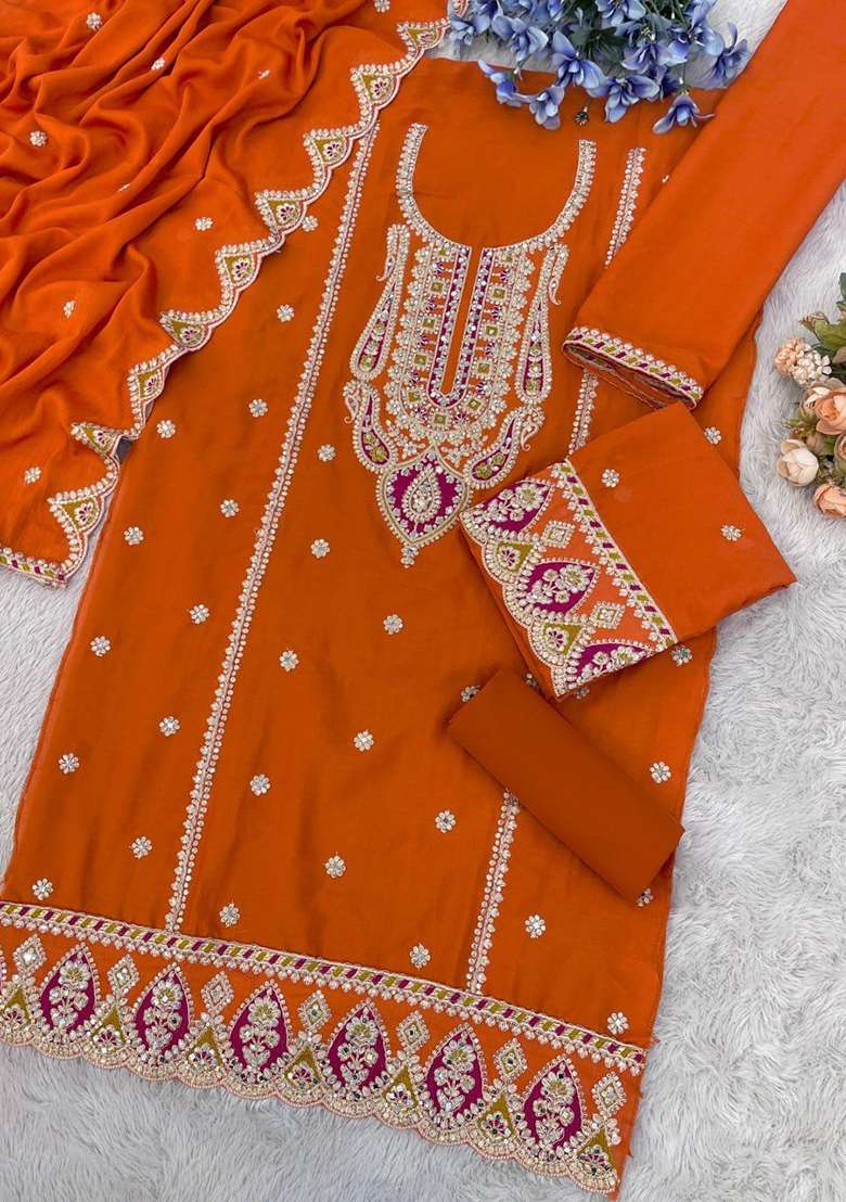 Orange Embroidered Silk Blend Palazzo Set - Indya