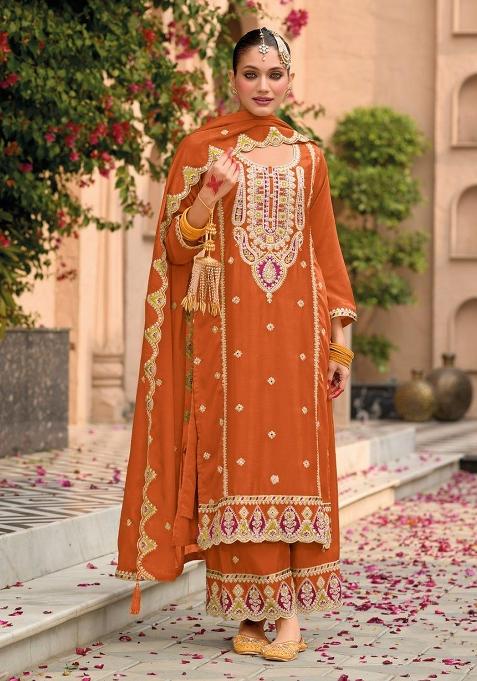 Orange Embroidered Silk Palazzo Set