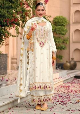 White Embroidered Silk Palazzo Set