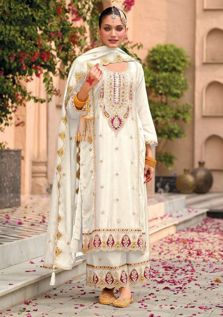 White Embroidered Silk Palazzo Set - Indya