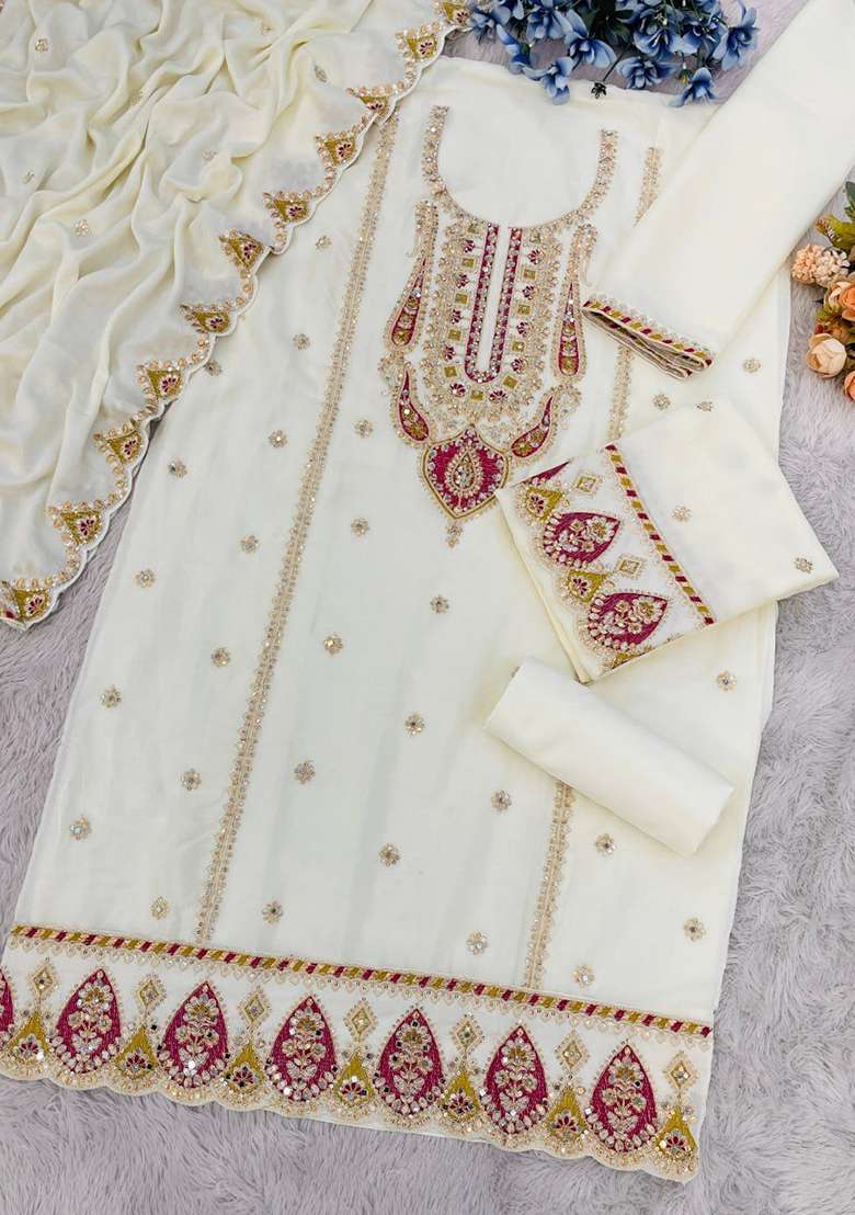 White Embroidered Silk Palazzo Set - Indya