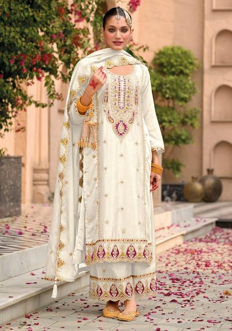 White Embroidered Silk Palazzo Set