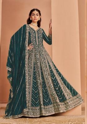 Teal Blue Embroidered Georgette Anarkali Set