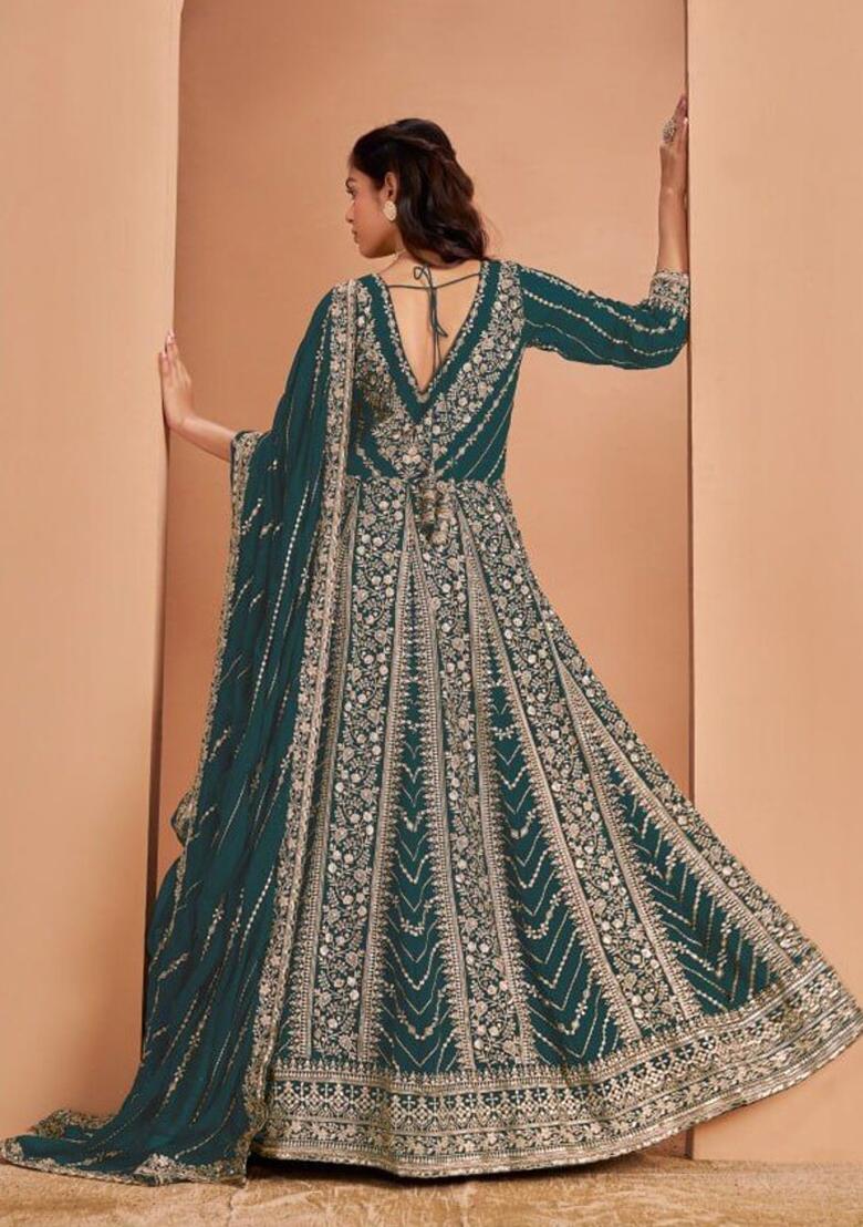Teal Blue Embroidered Georgette Anarkali Set