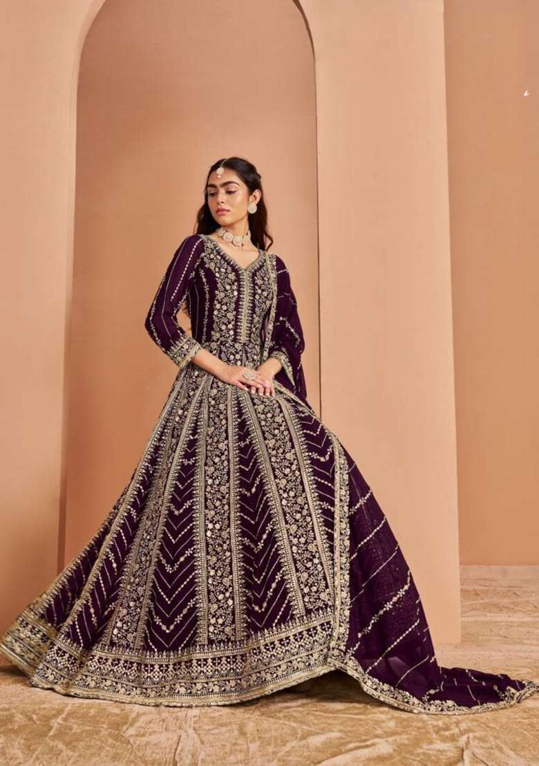 Wine Embroidered Georgette Anarkali With Dupatta - Indya