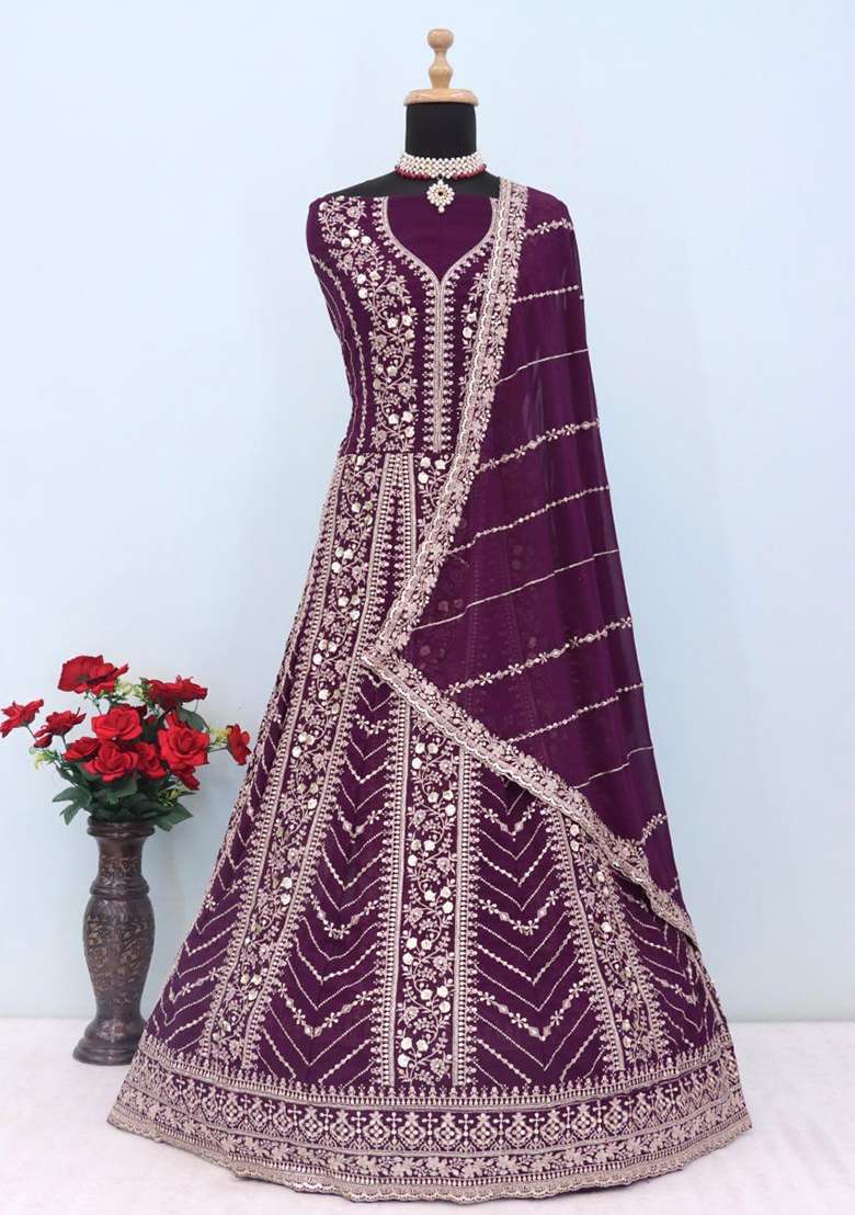Wine Embroidered Georgette Anarkali With Dupatta - Indya
