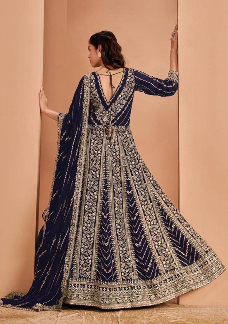 Navy Blue Embroidered Georgette Anarkali Set