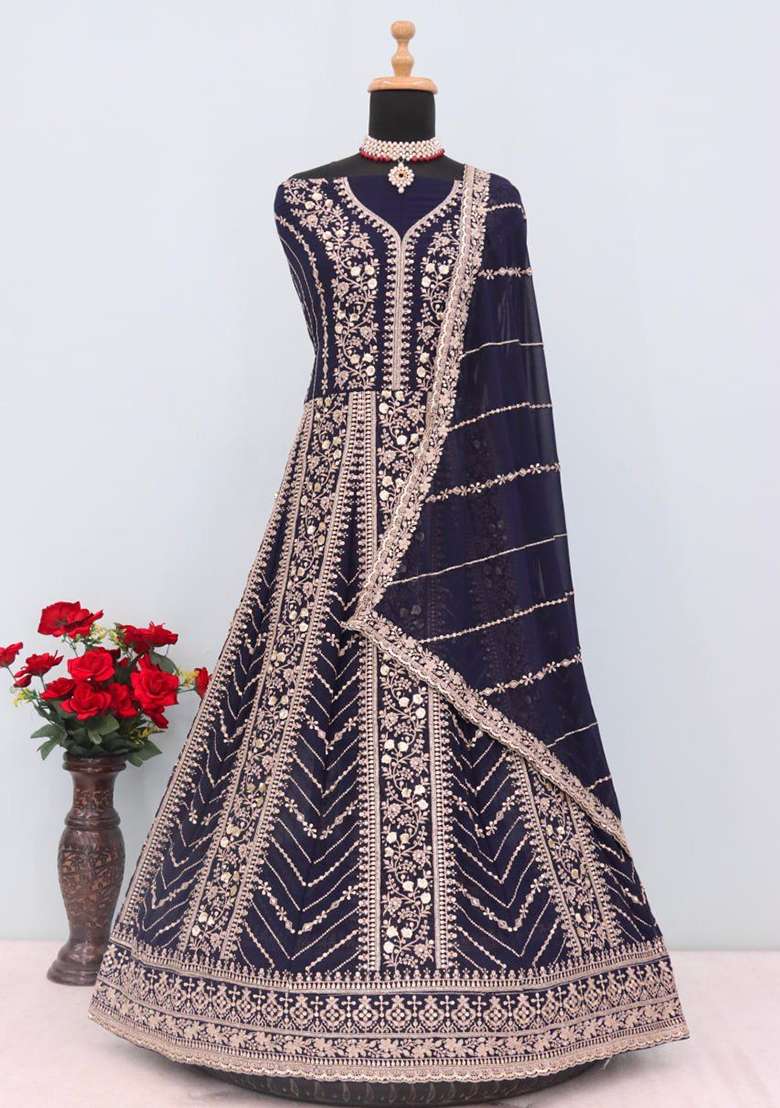 Navy Blue Embroidered Georgette Anarkali With Dupatta - Indya