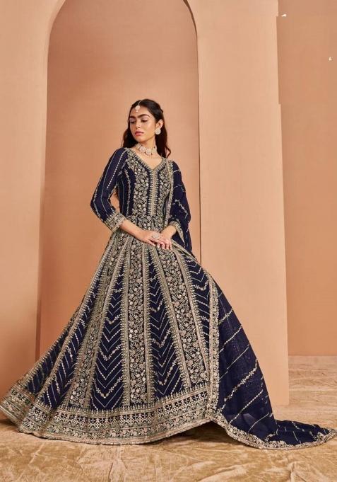 Navy Blue Embroidered Georgette Anarkali Set