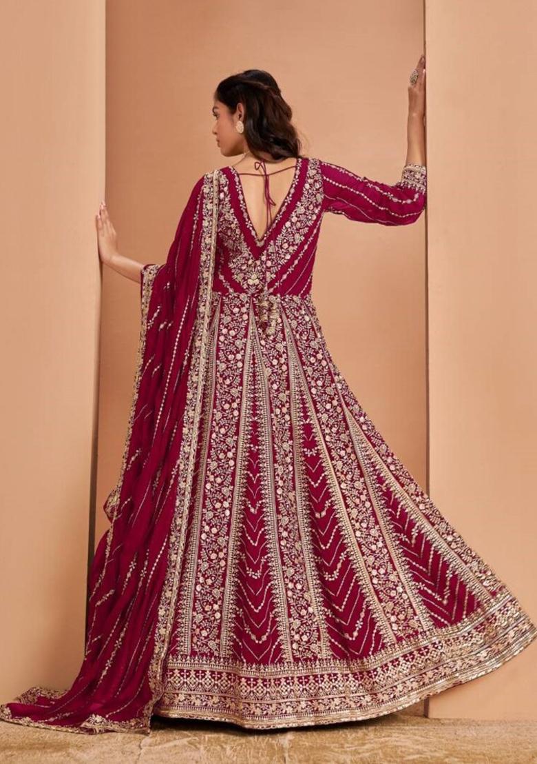 Dark Pink Embroidered Georgette Anarkali Set